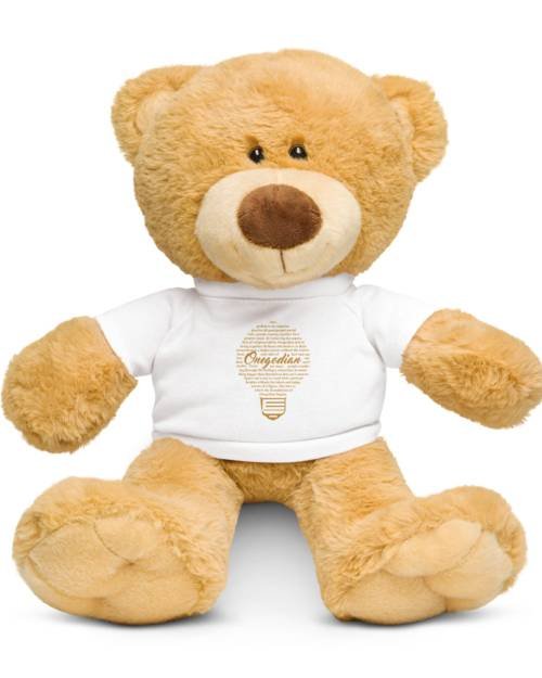 Teddy bear with The Onegodian Idea T-shirt – Gold Lightbulb